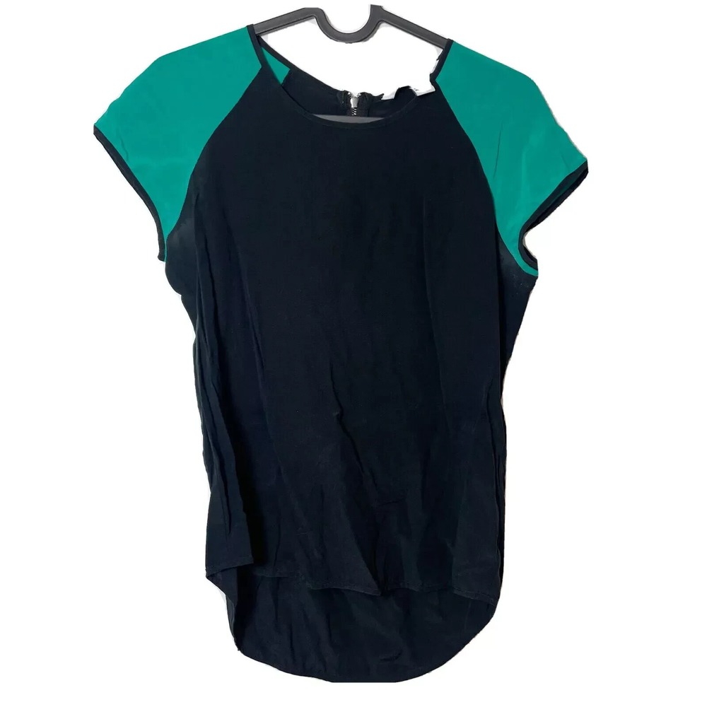 Diane von Furstenberg DVA Liva Silk Black Blouse Petite Short Sleeve High Low